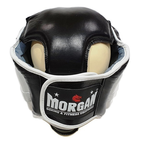 MORGAN Leather Head Guard With Removable Grill Muay Thai Boxing MMA - BLACK/WHITE