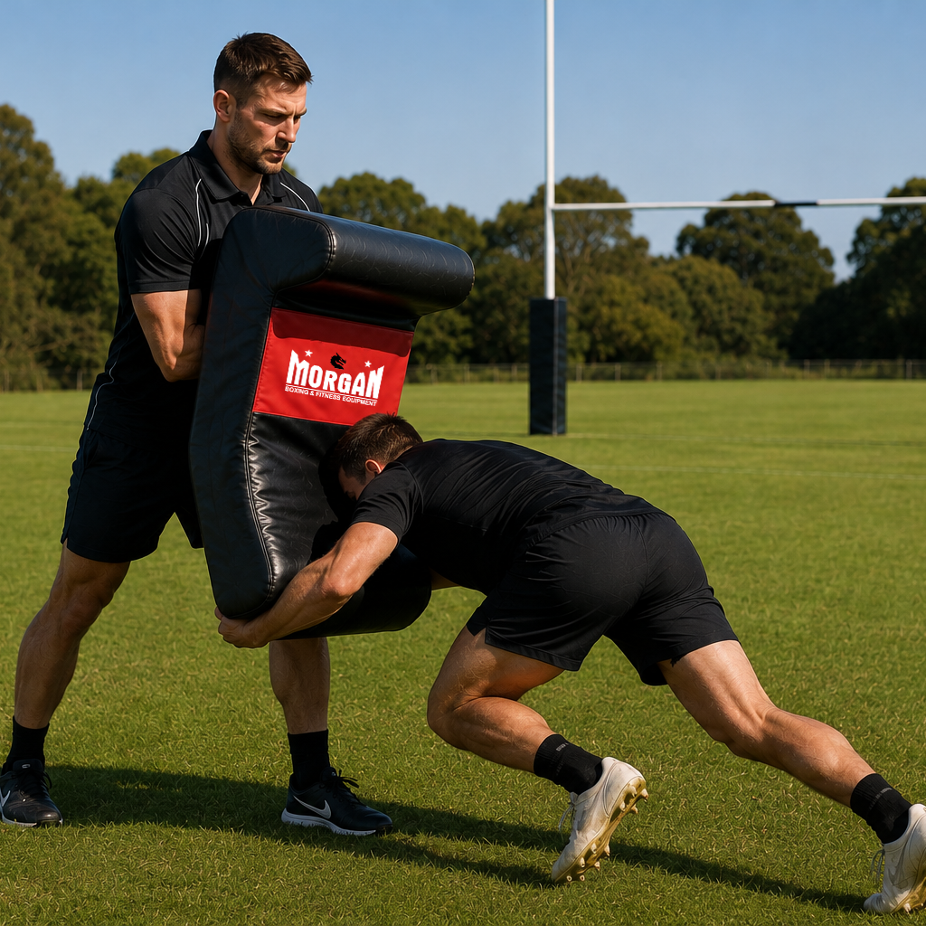 Morgan Advanced Contact and Tackle Training Shield used in a rugby tackling drill
