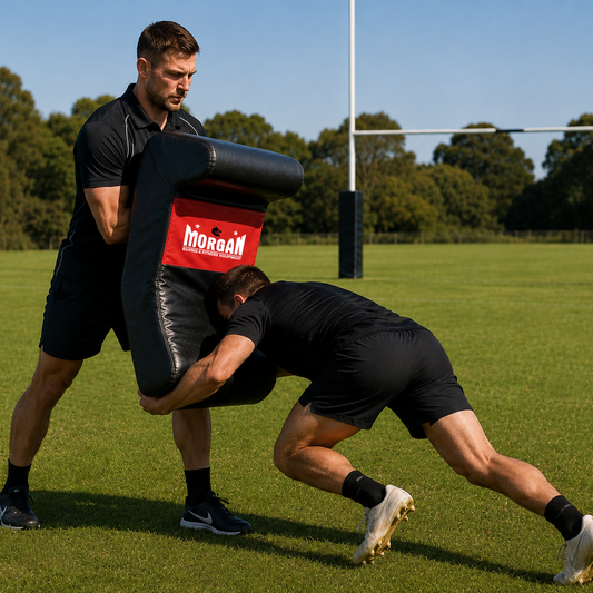 Morgan Advanced Contact and Tackle Training Shield used in a rugby tackling drill