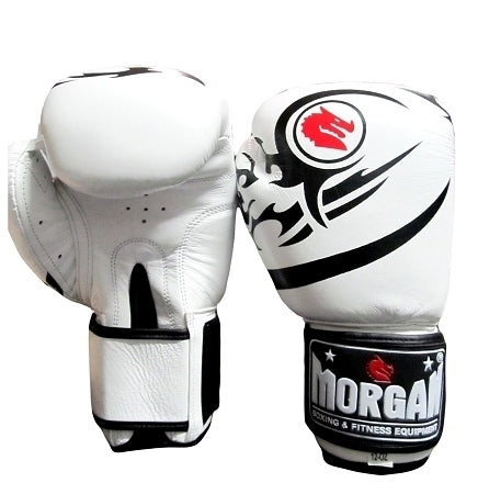 MORGAN Elite Boxing & Muay Thai Leather Gloves (8 -12 & 16Oz) - white