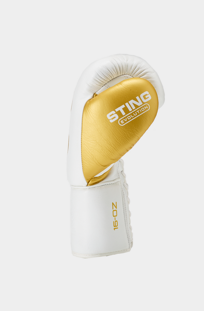 STING Evolution Fight Glove Lace Up — White/Gold