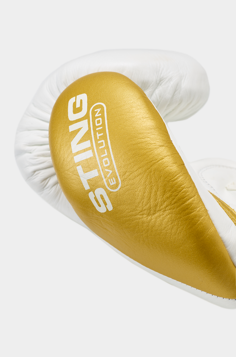 STING Evolution Fight Glove Lace Up — White/Gold