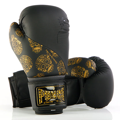 BOXING GLOVES - Urban™ GOLD SKULLS - 12oz - BLACK
