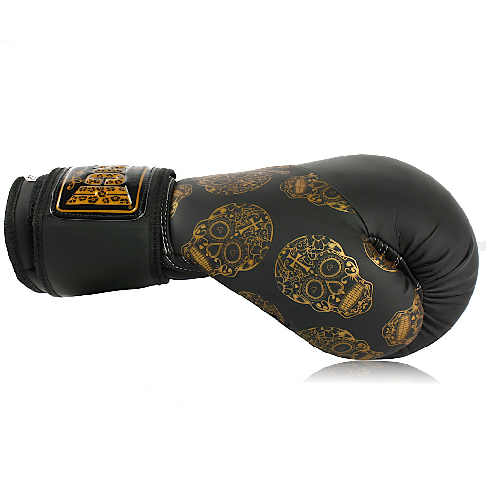 BOXING GLOVES - Urban™ GOLD SKULLS - 12oz - BLACK