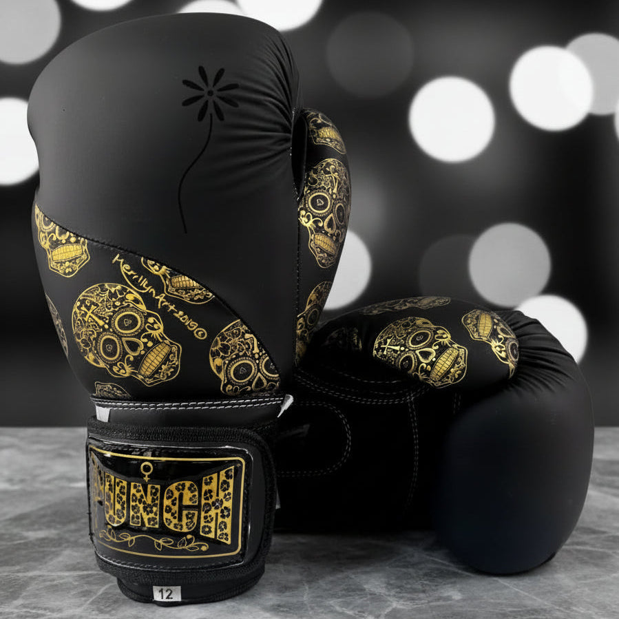 BOXING GLOVES - Urban™ GOLD SKULLS - 12oz - BLACK