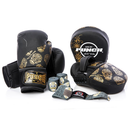 BOXING GLOVES - Urban™ GOLD SKULLS - 12oz - BLACK